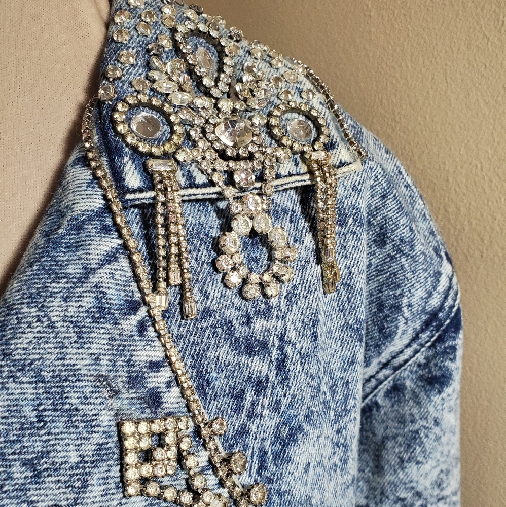 SOLD Rhinestone Acid Denim Moto Jacket - Picture 2 of 5